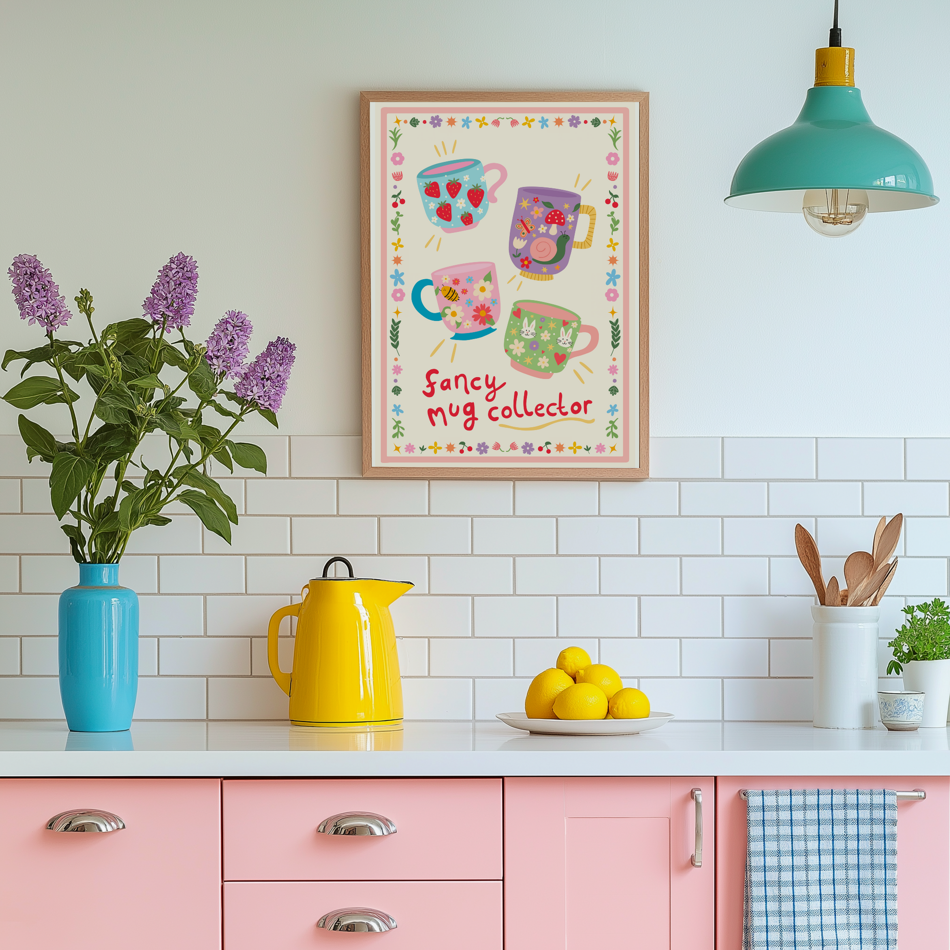 An illustrated print with four decorative mugs, and a quote underneath that reads 'fancy mug collector'. The print has a decorative border of flowers and doodles.