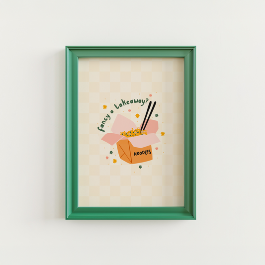 An illustrated art print, featuring a box of take-out noodles, with the words 'Fancy a takeaway?' around the top of the box. The print sits on a pale yellow and cream checkerboard background.
