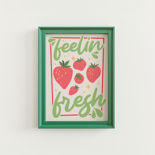 A colourful art print with the phrase 'feelin' fresh' surrounded by illustrations of strawberries, shown in a frame.