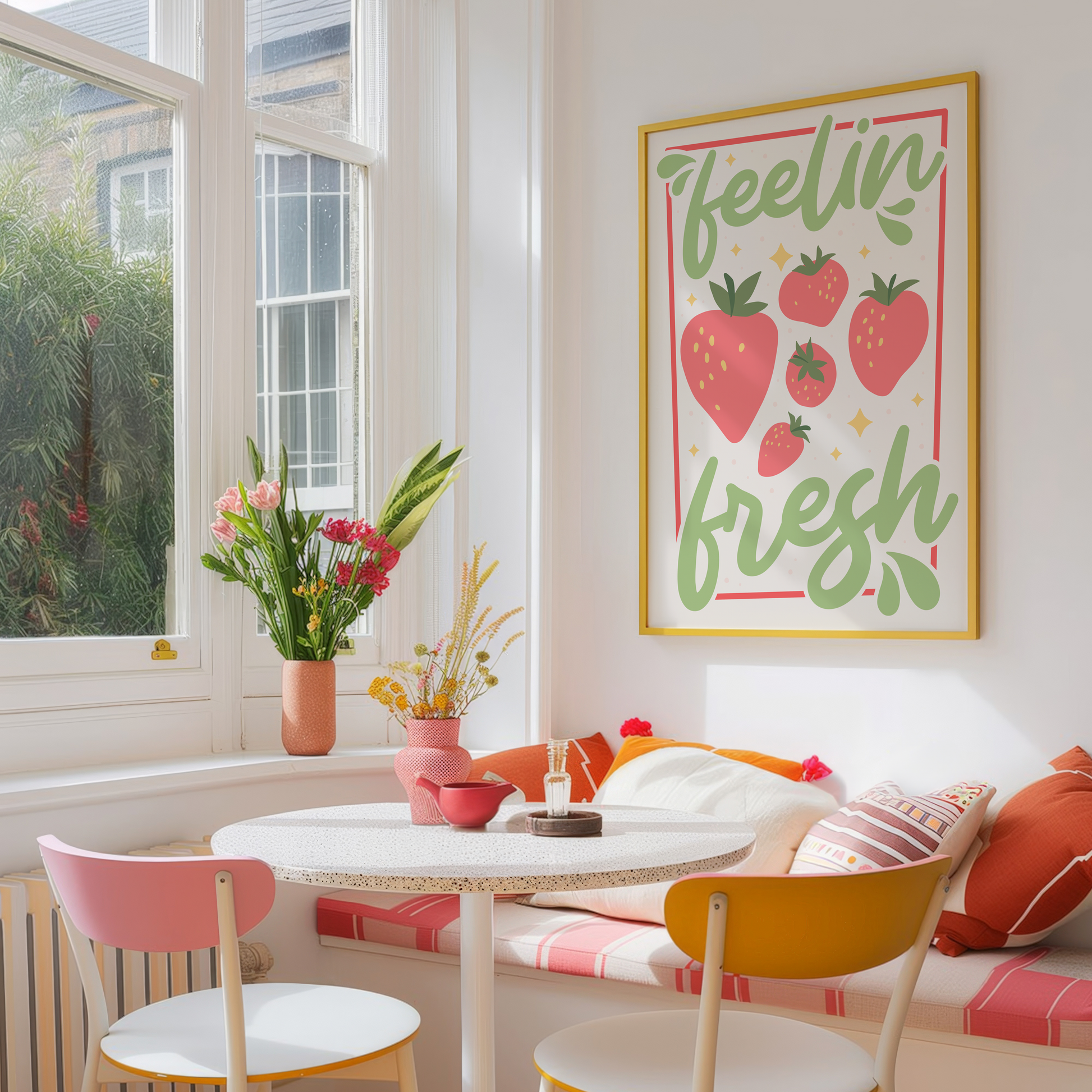 A colourful art print with the phrase 'feelin' fresh' surrounded by illustrations of strawberries, shown in a frame.