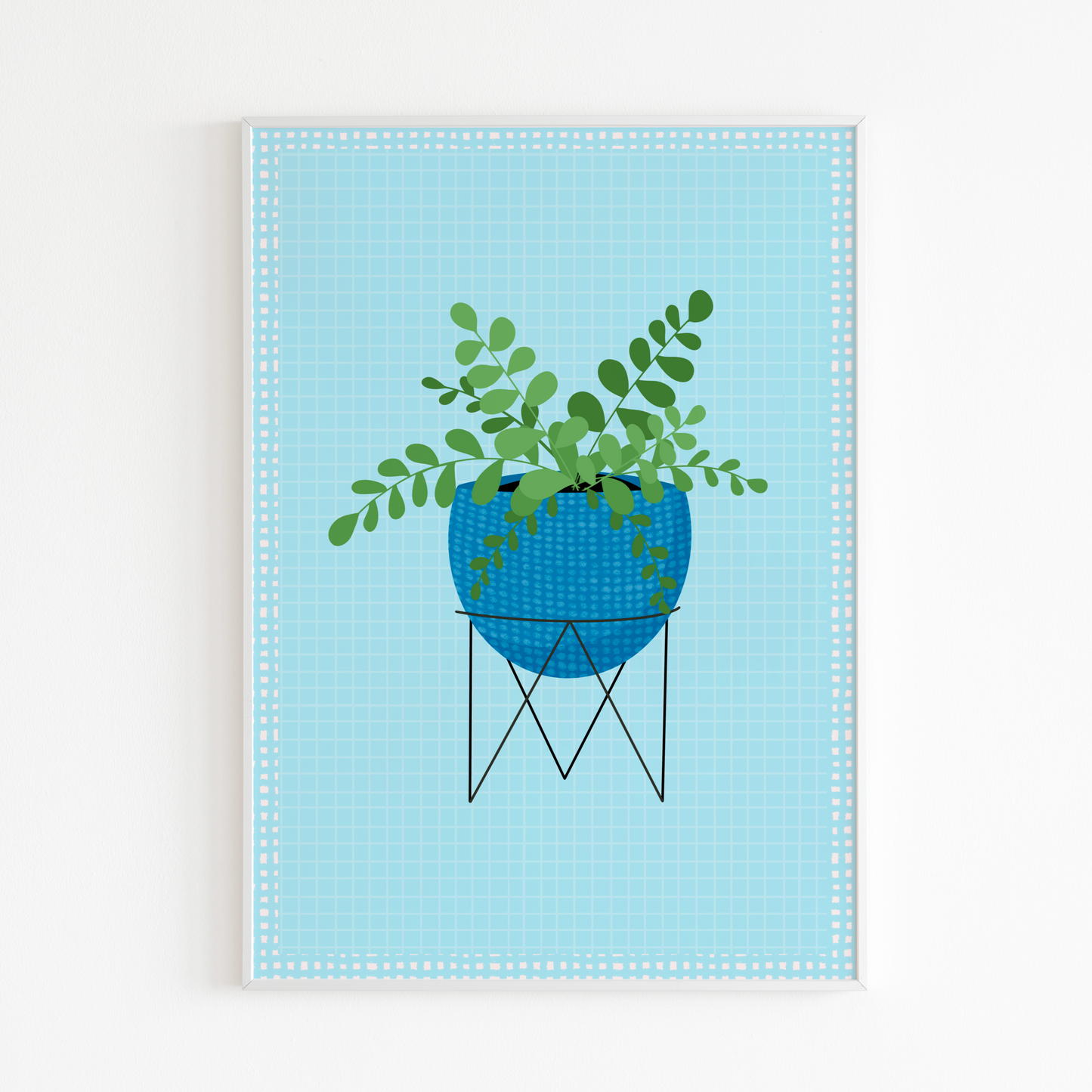 An illustration of a house plant in a blue plant pot, on a light blue textured background.