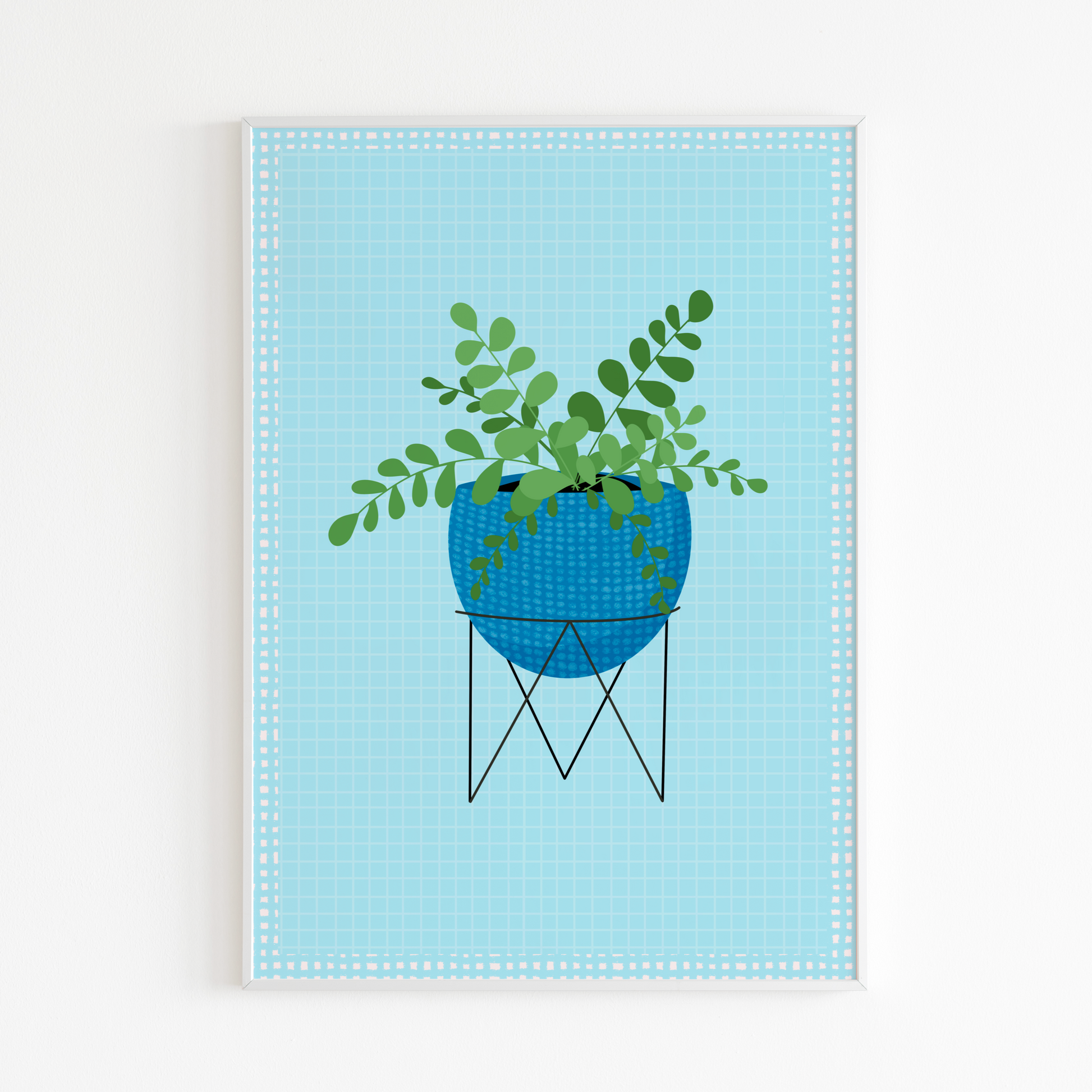 An illustration of a house plant in a blue plant pot, on a light blue textured background.