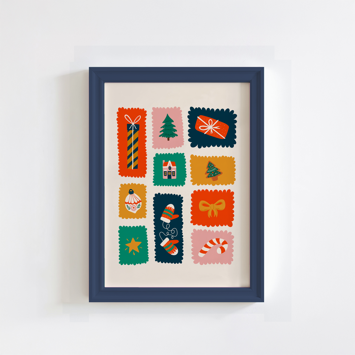 An illustrated Christmas print featuring small scalloped edged stamp-like shapes each with their own festive themed doodle inside.