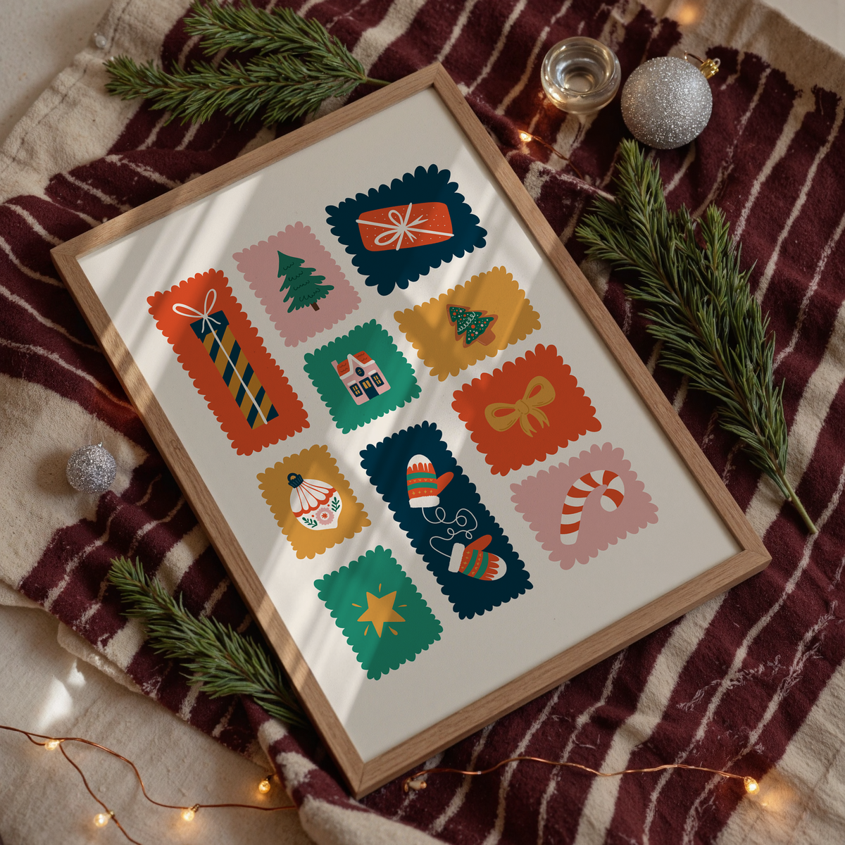 An illustrated Christmas print featuring small scalloped edged stamp-like shapes each with their own festive themed doodle inside.