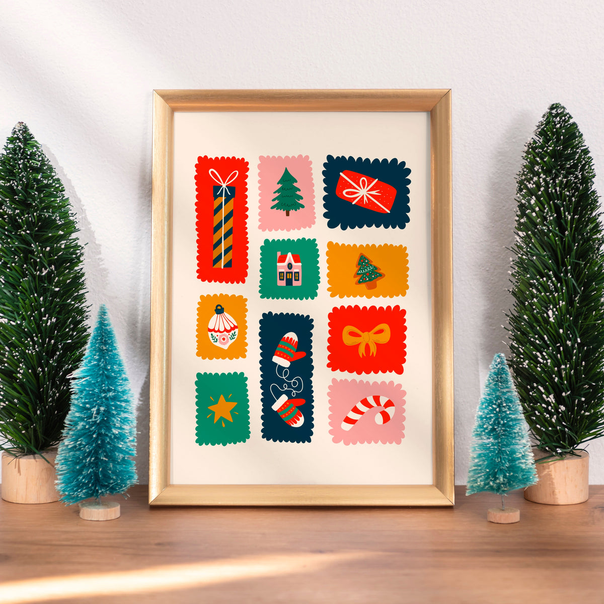 An illustrated Christmas print featuring small scalloped edged stamp-like shapes each with their own festive themed doodle inside.