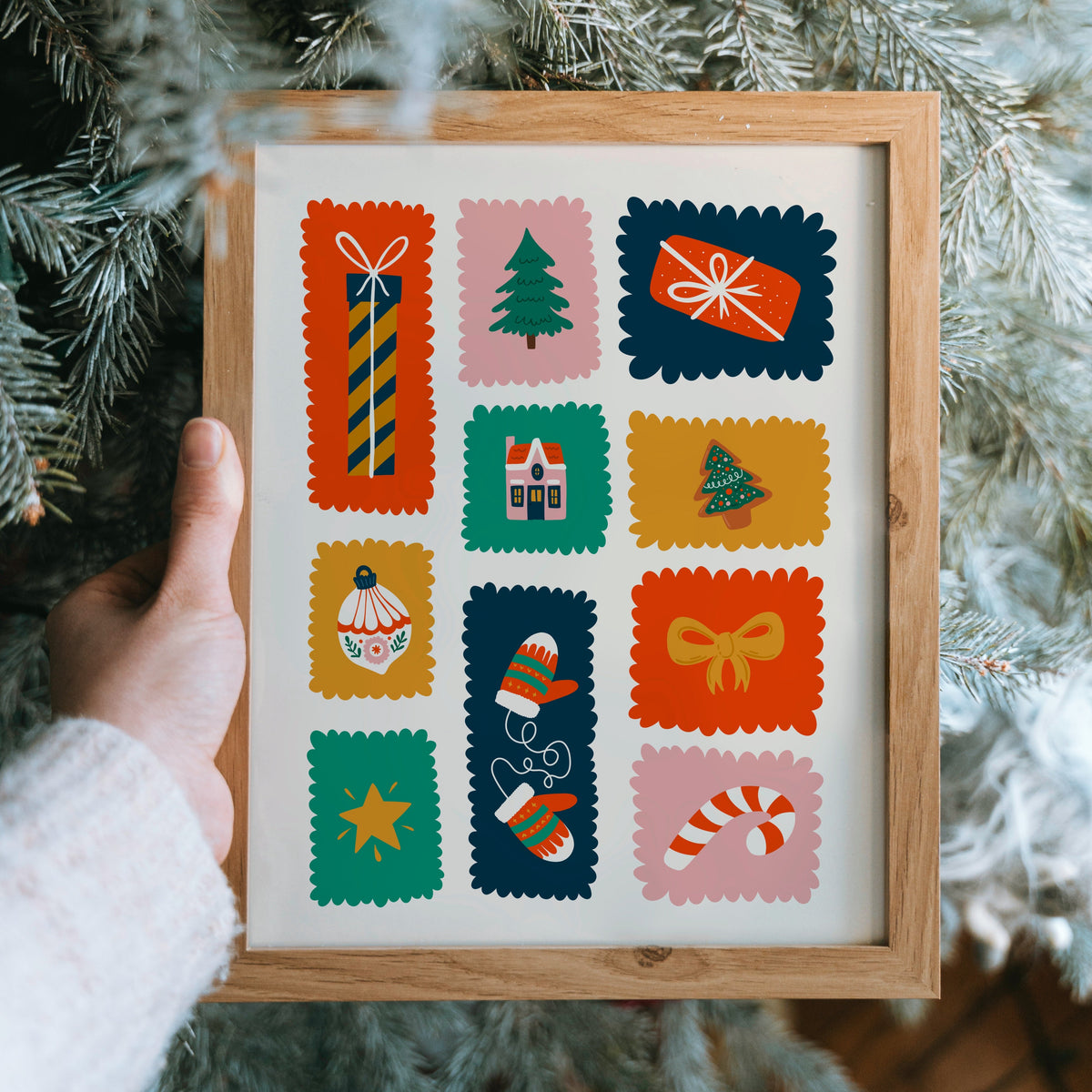 An illustrated Christmas print featuring small scalloped edged stamp-like shapes each with their own festive themed doodle inside.