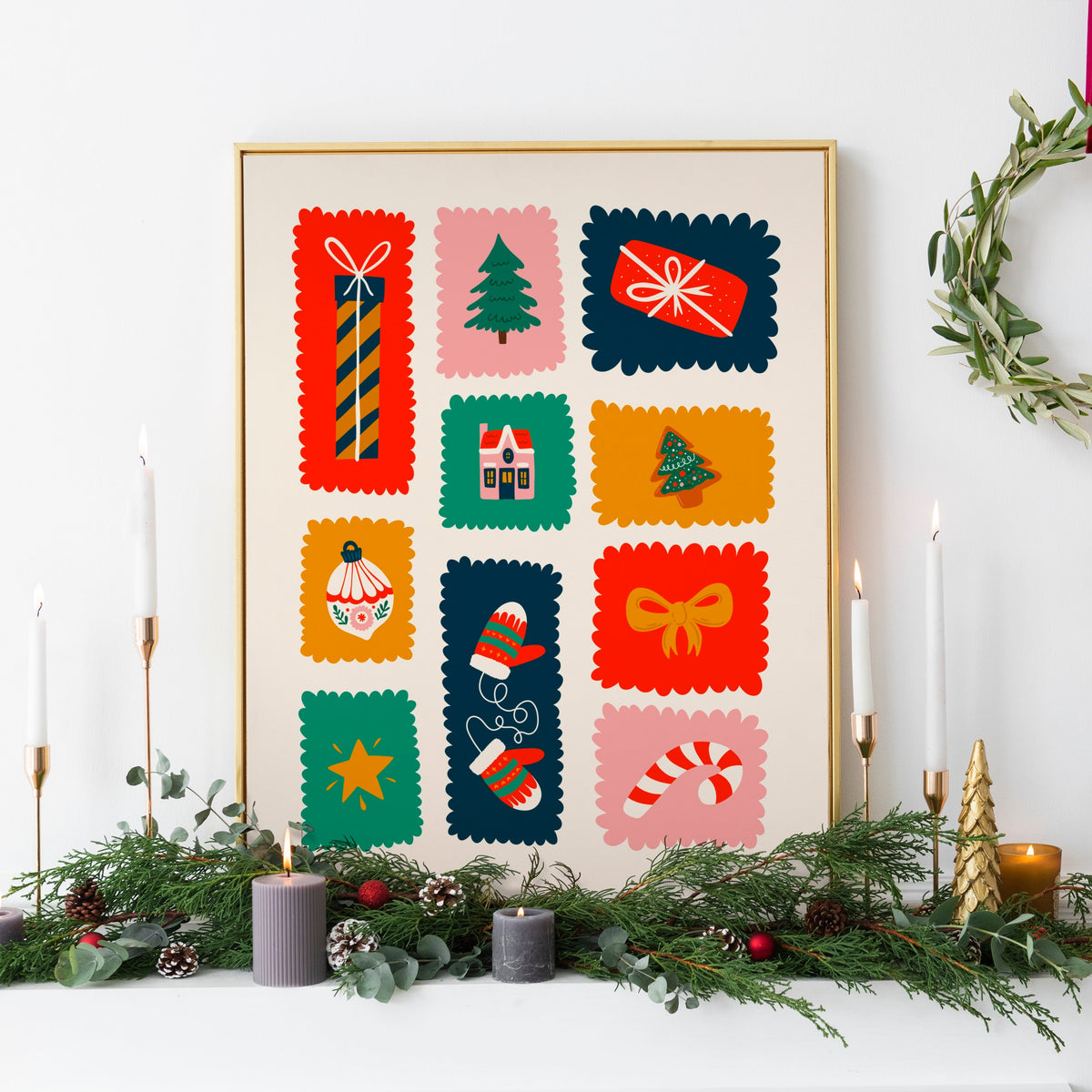 An illustrated Christmas print featuring small scalloped edged stamp-like shapes each with their own festive themed doodle inside.
