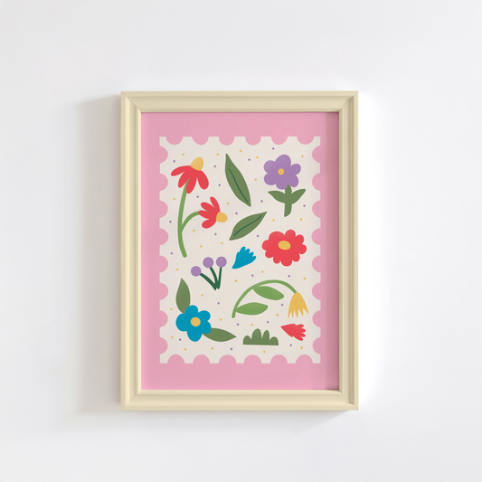 An illustrated print with brightly coloured floral elements in the centre, with a bold pink scalloped edged border.
