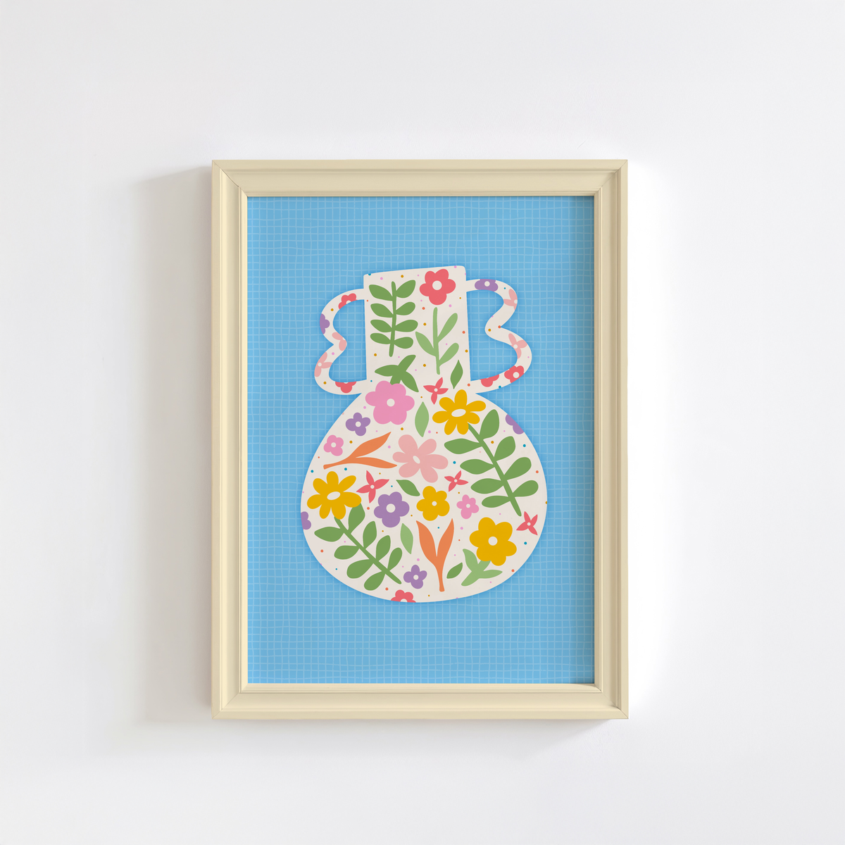 A blue art print featuring a vibrant vase illustration with floral patterns against a blue textured background.