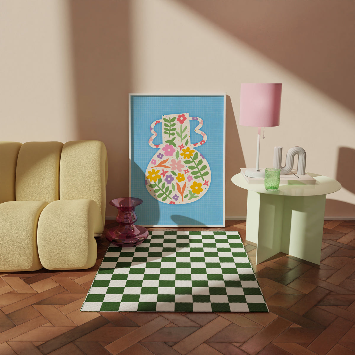 A blue art print featuring a vibrant vase illustration with floral patterns against a blue textured background.