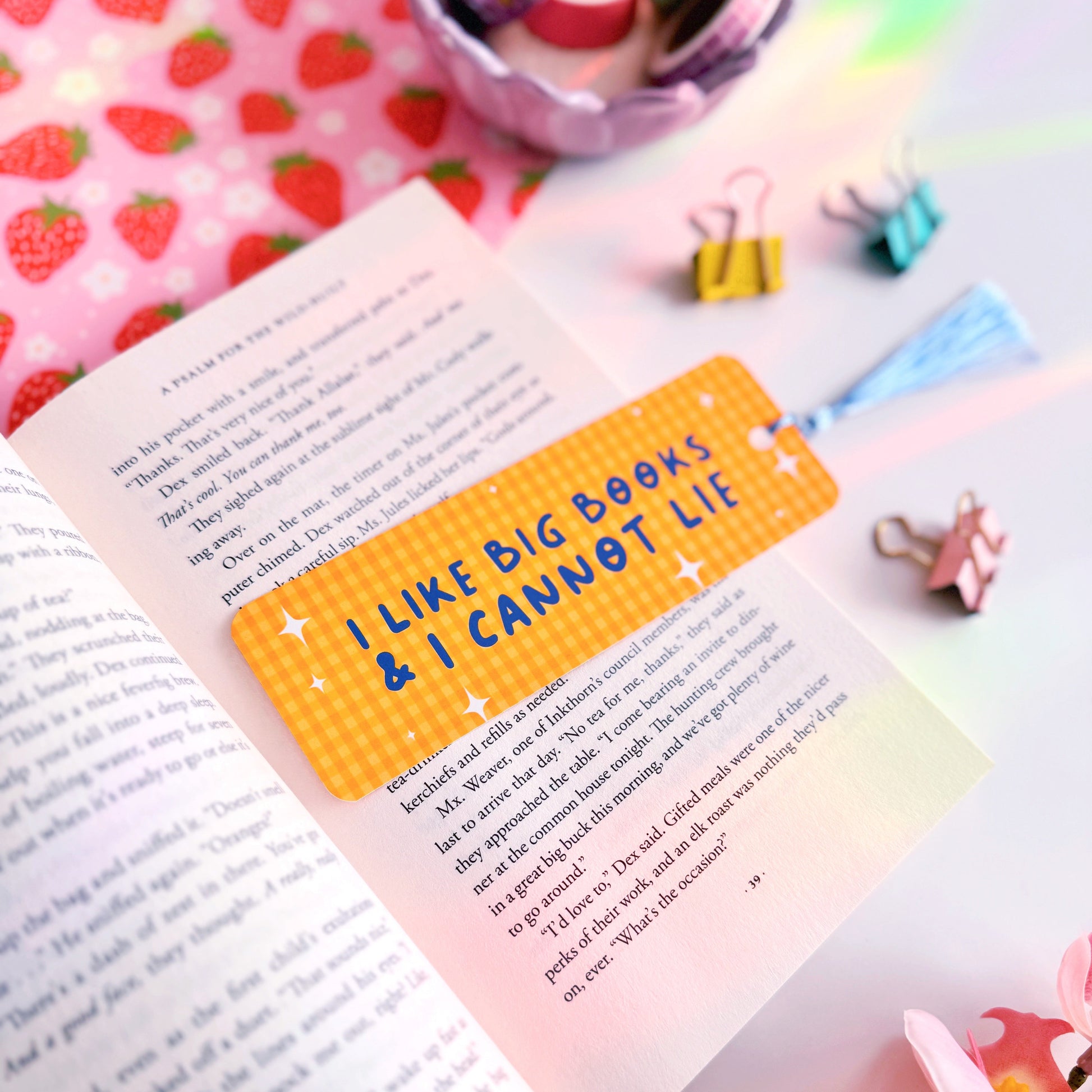 A yellow gingham bookmark with a blue tassel, and blue text that reads 'I like big books and I cannot lie' on the front side.