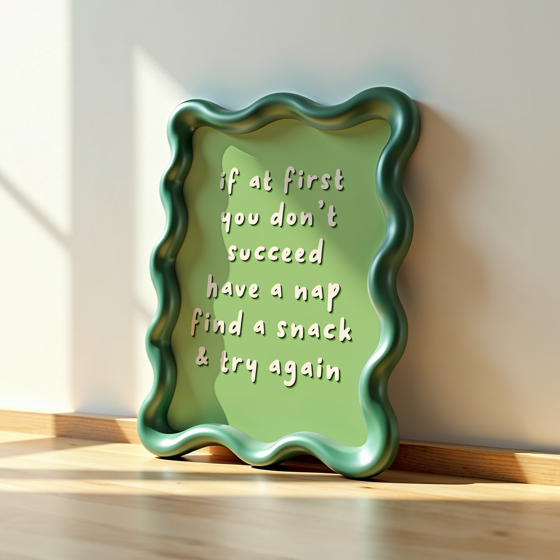 A funny quote that reads 'if it first you don't succeed have a nap find a snack and try again' on a green background.