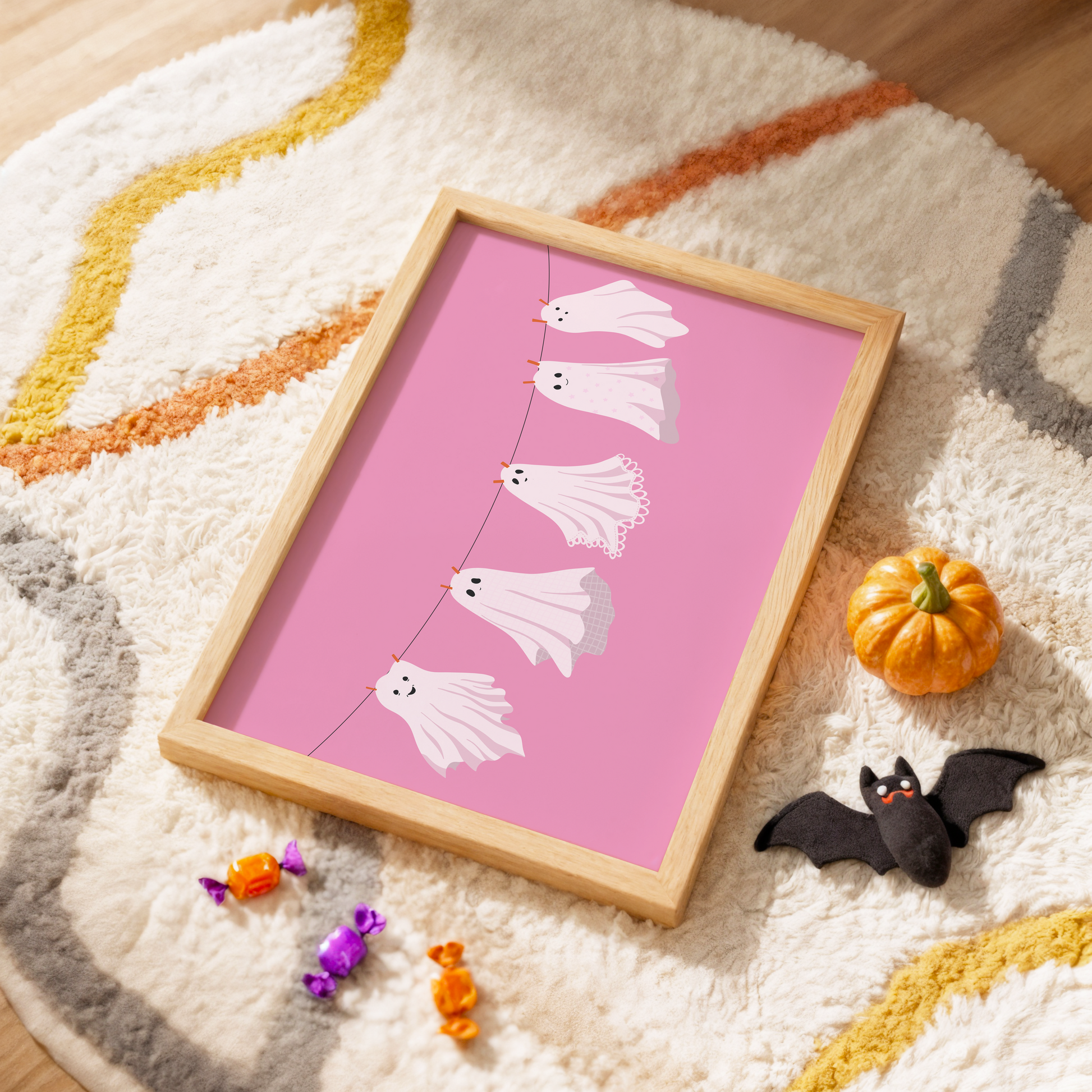 A pink Halloween print with five different ghosts made from bedsheets, hanging on a washing line.