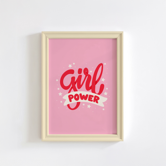 A pink print with red lettering that reads 'Girl power', decorated with little white stars.