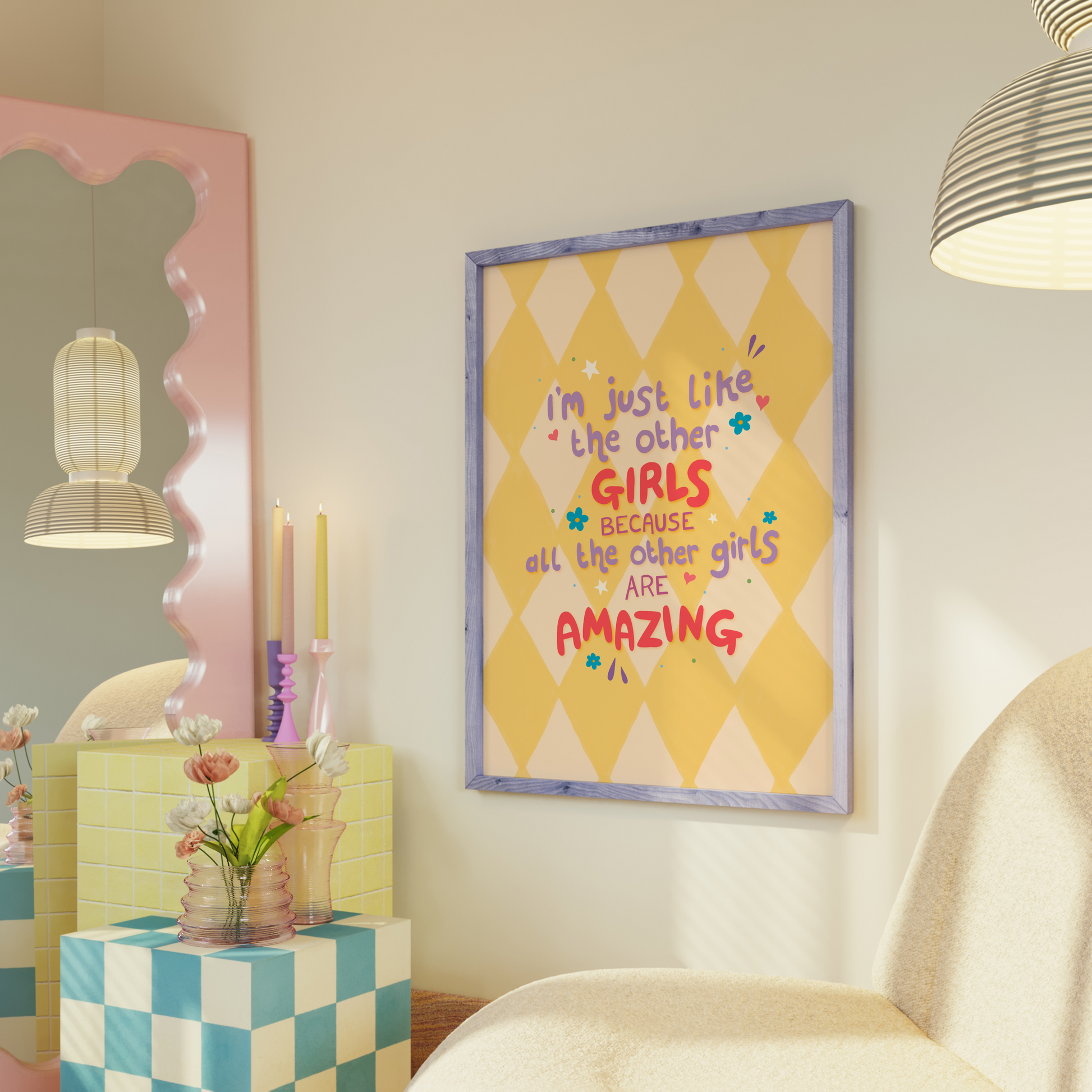 A yellow harlequin patterned background with a female empowerment quote print in different coloured hand lettered text.