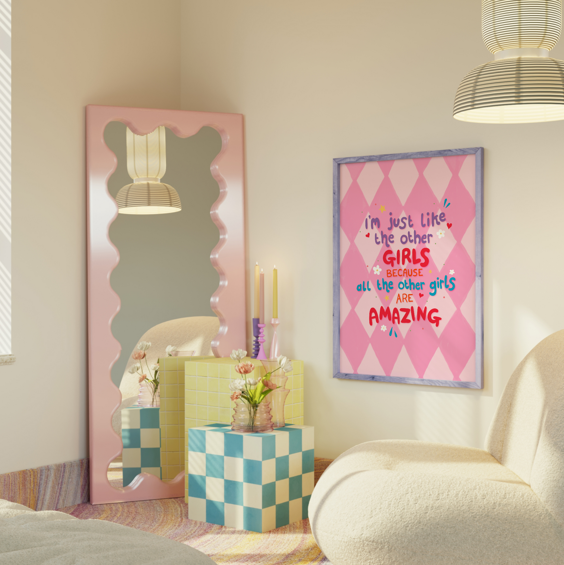 A pink harlequin patterned background with a female empowerment quote print in different coloured hand lettered text.