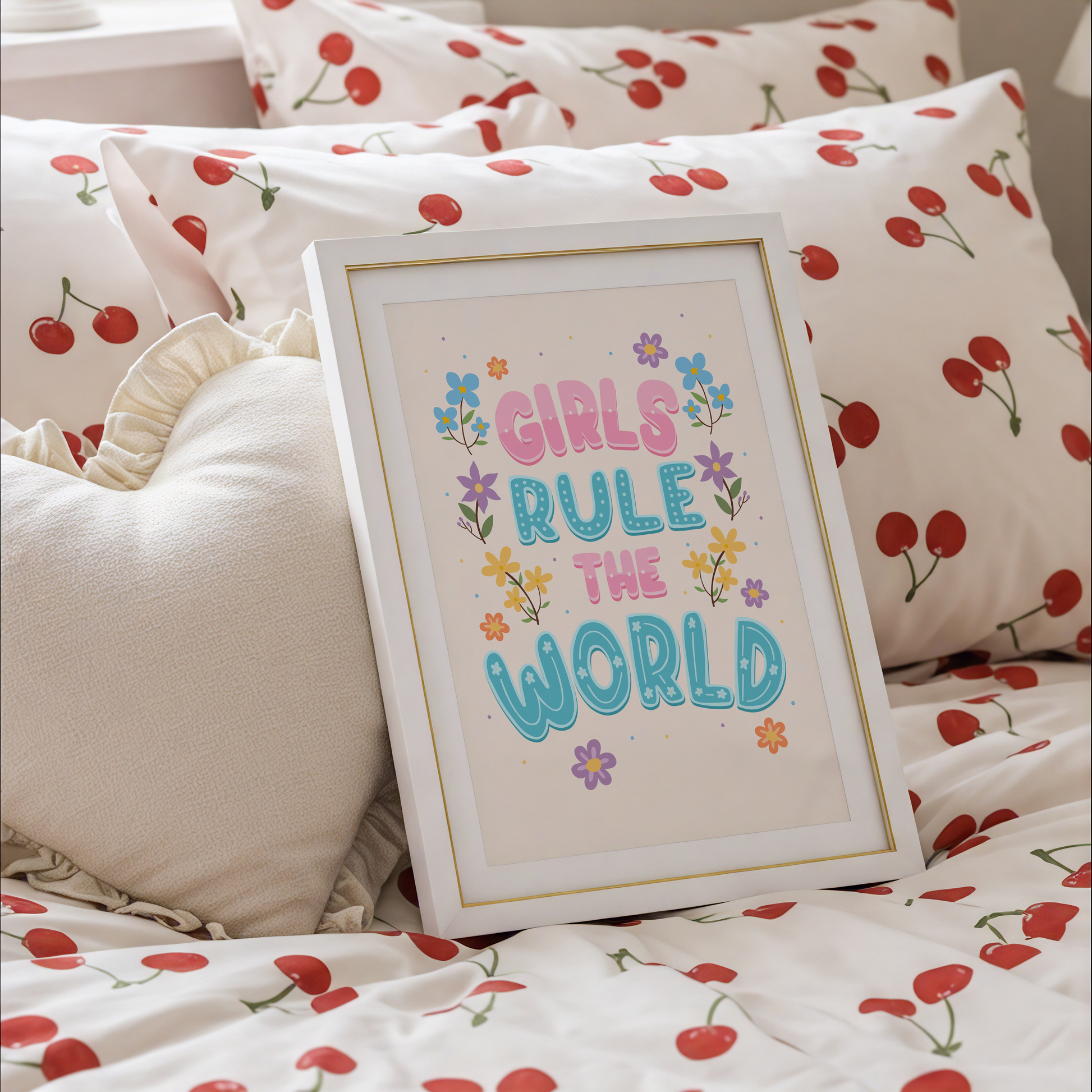 A hand lettered quote print, featuring the words 'girls rule the world' in pink and blue. Surrounded by colourful floral illustrations. 