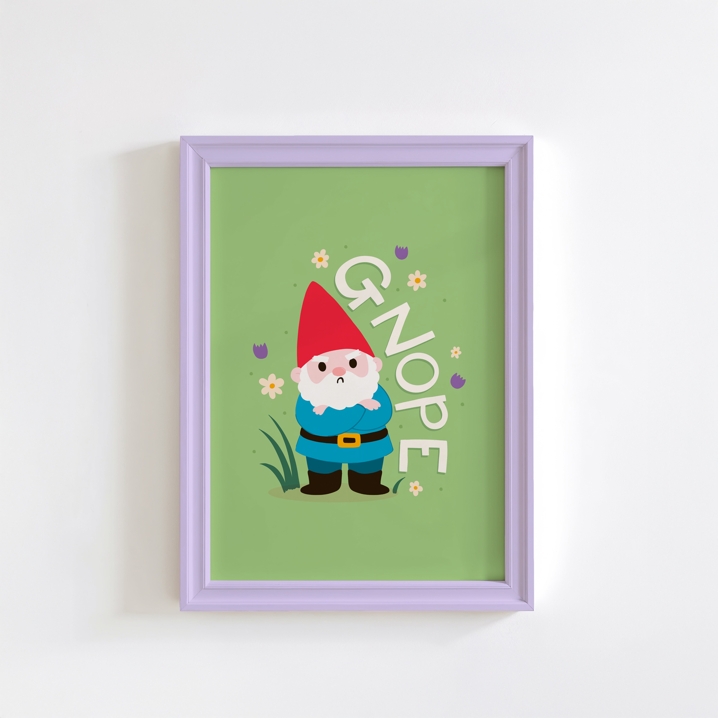 Illustrated artwork with a cartoon gnome and a funny pun quote 'GNOPE' on a green background.