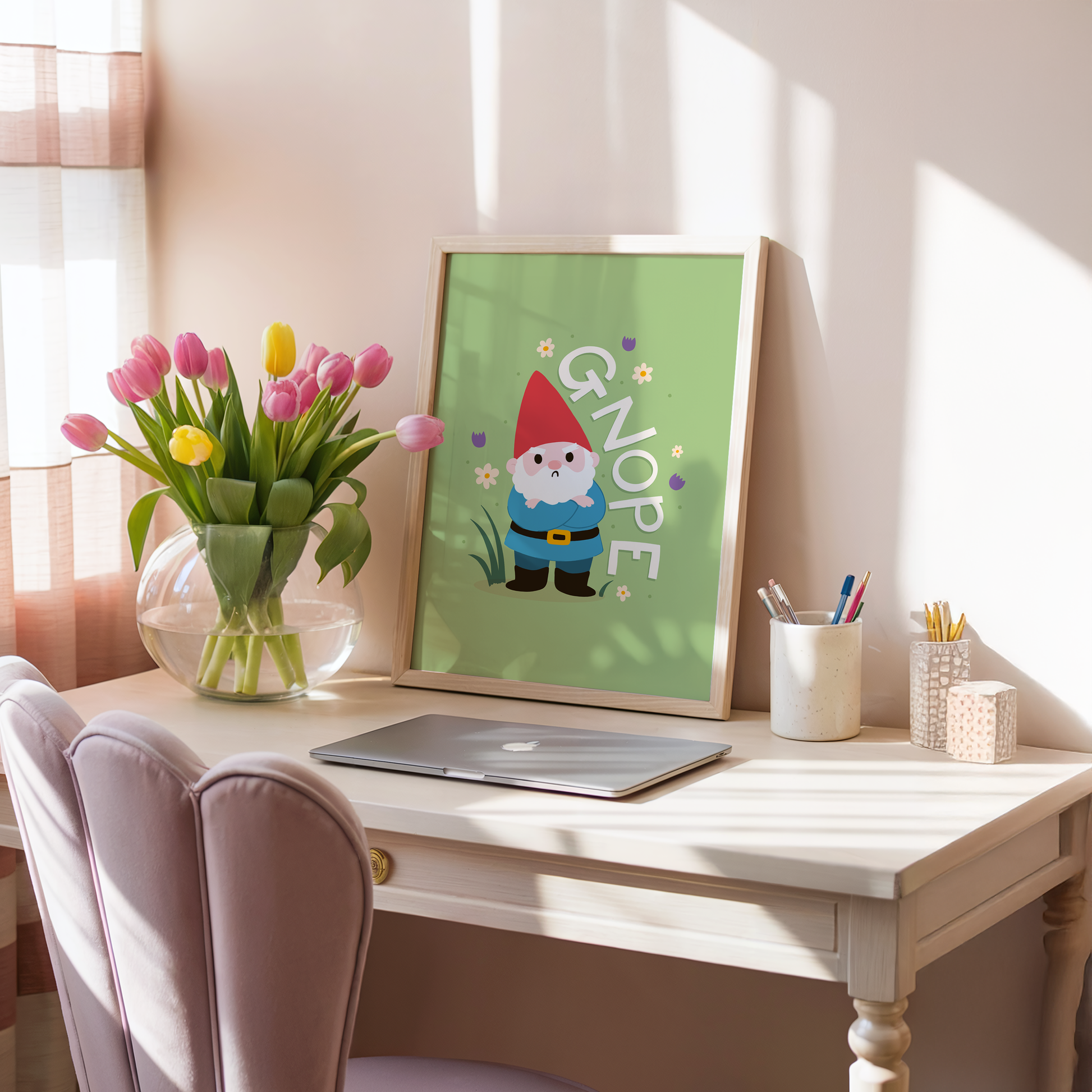 Illustrated artwork with a cartoon gnome and a funny pun quote 'GNOPE' on a green background.