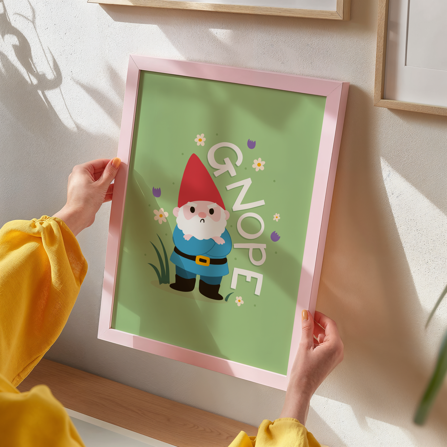 Illustrated artwork with a cartoon gnome and a funny pun quote 'GNOPE' on a green background.