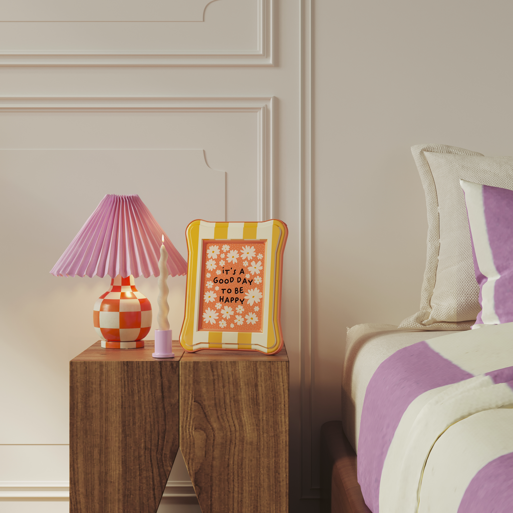 Orange wall art print with white daisies and 'it's a good day to be happy' quote.