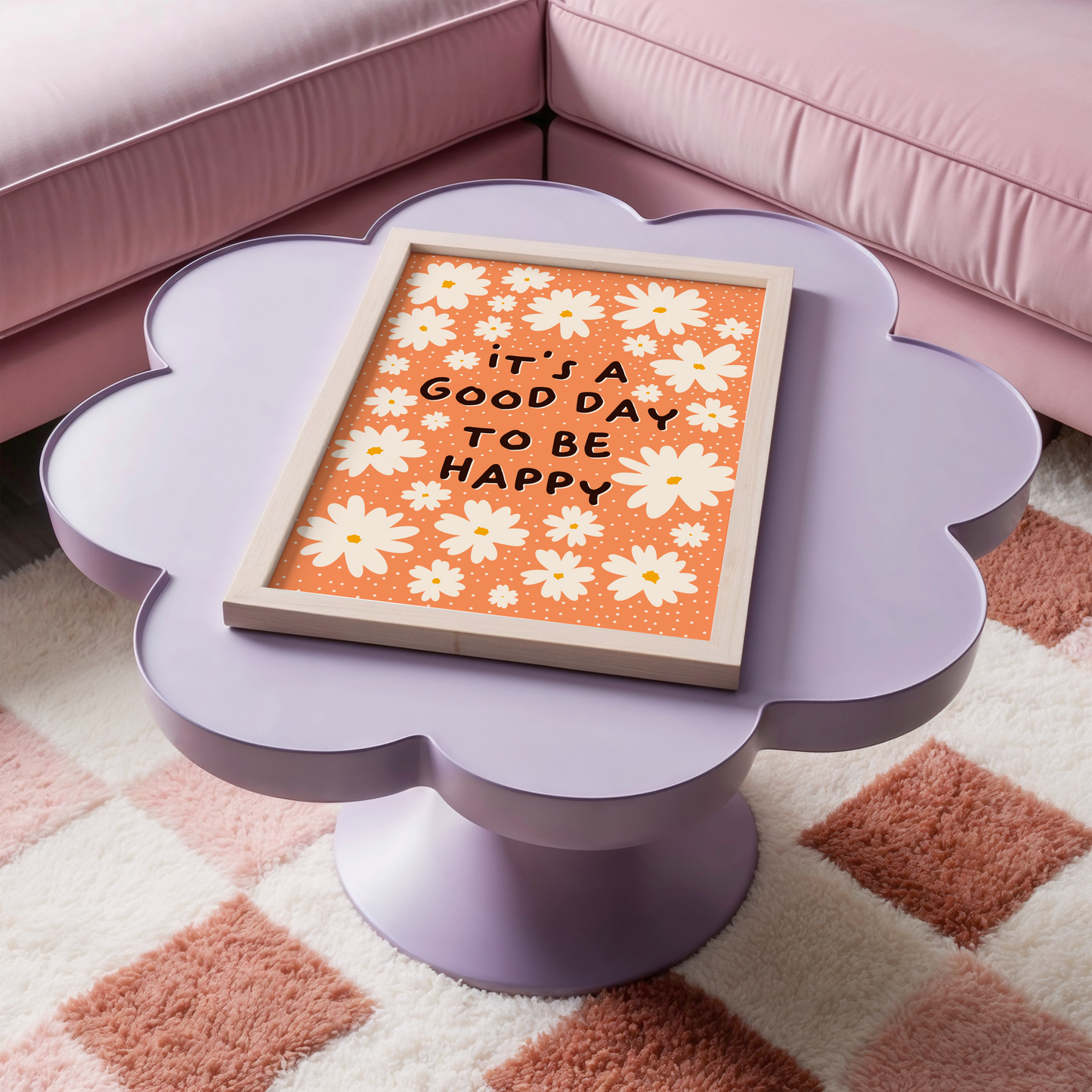Orange wall art print with white daisies and 'it's a good day to be happy' quote.