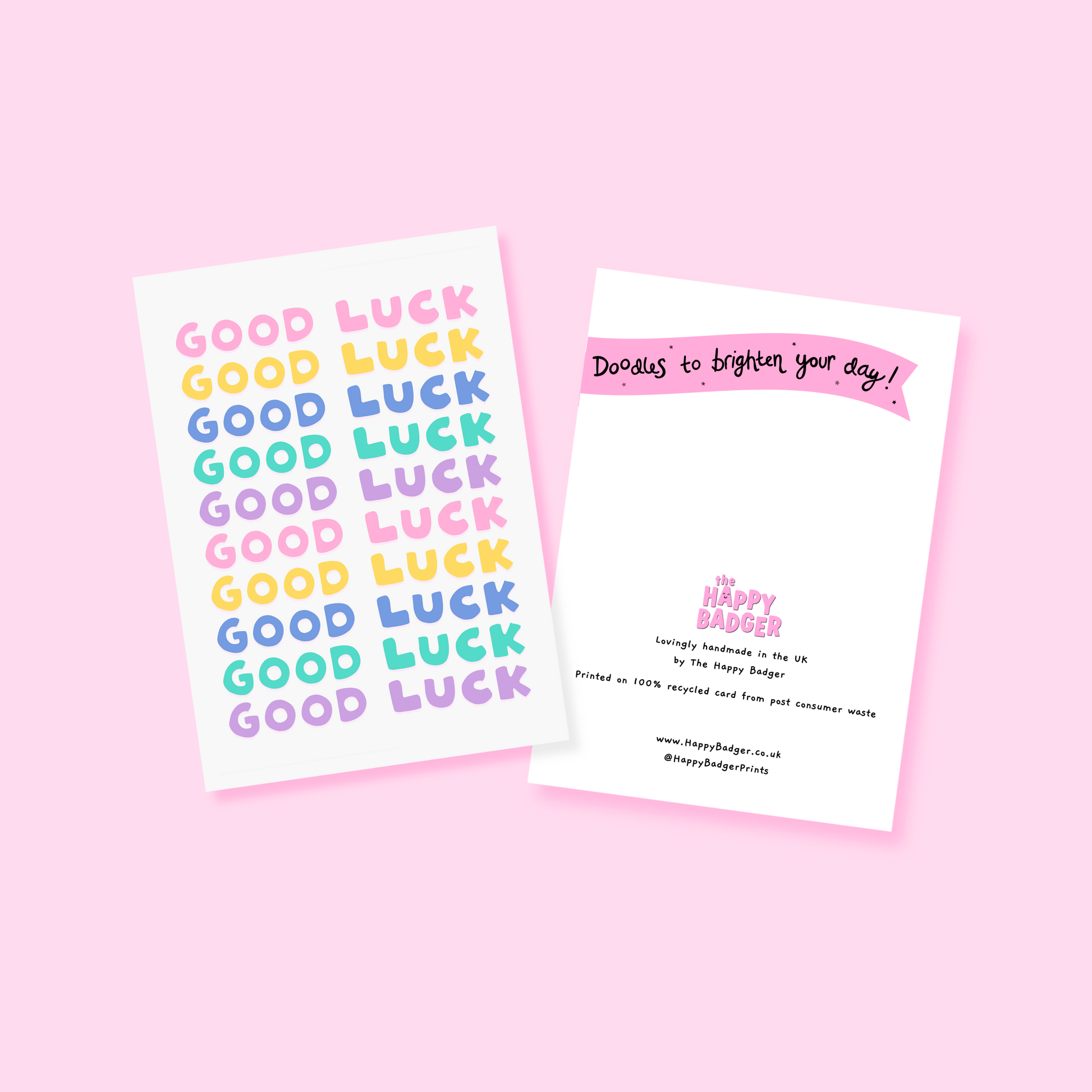 A greetings card, with the phrase 'good luck' repeated several times in colourful shades.