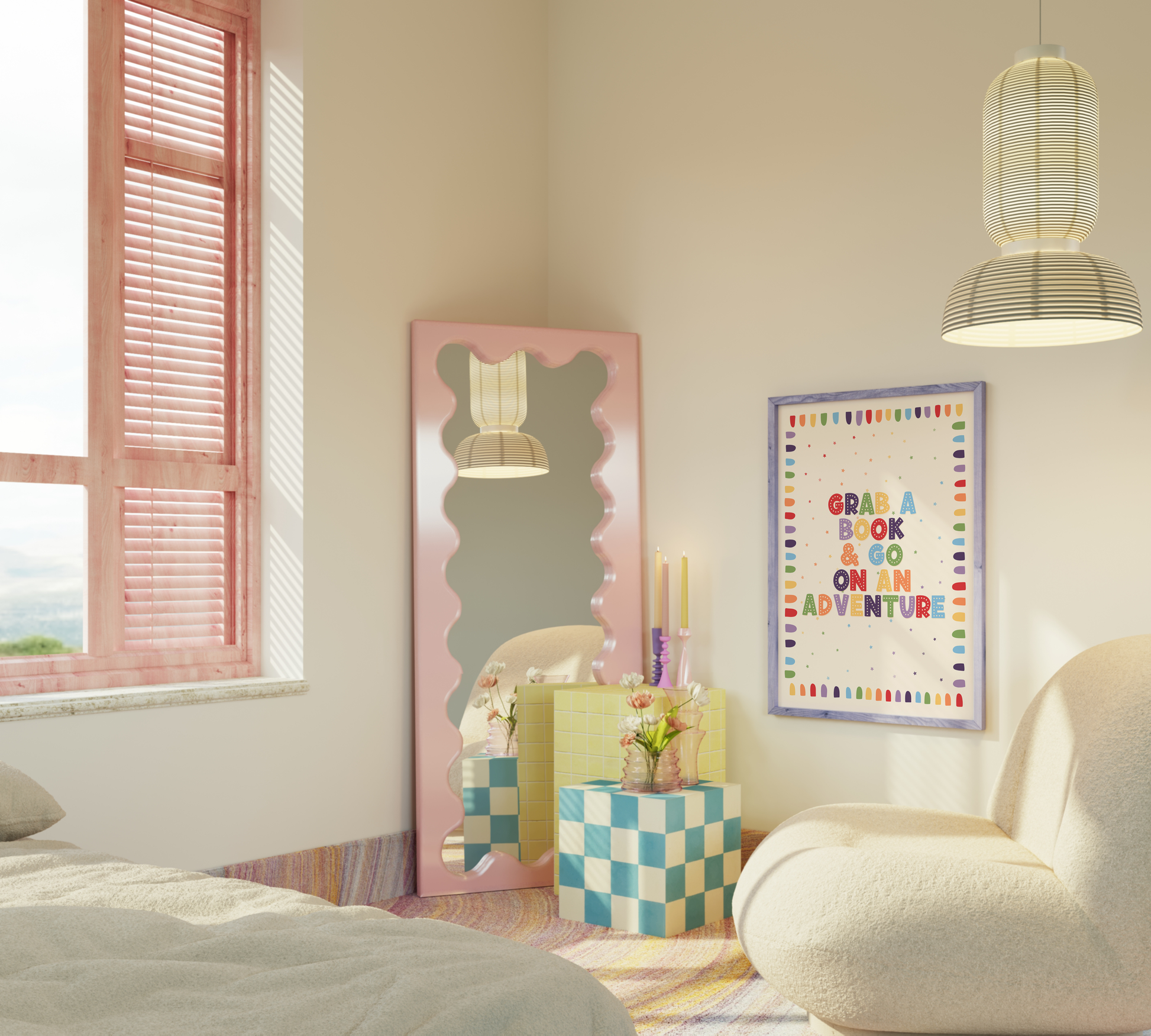 A framed children's book-themed art print on a wall. The print features the phrase 'GRAB A BOOK & GO ON AN ADVENTURE' in colorful letters with a rainbow border.