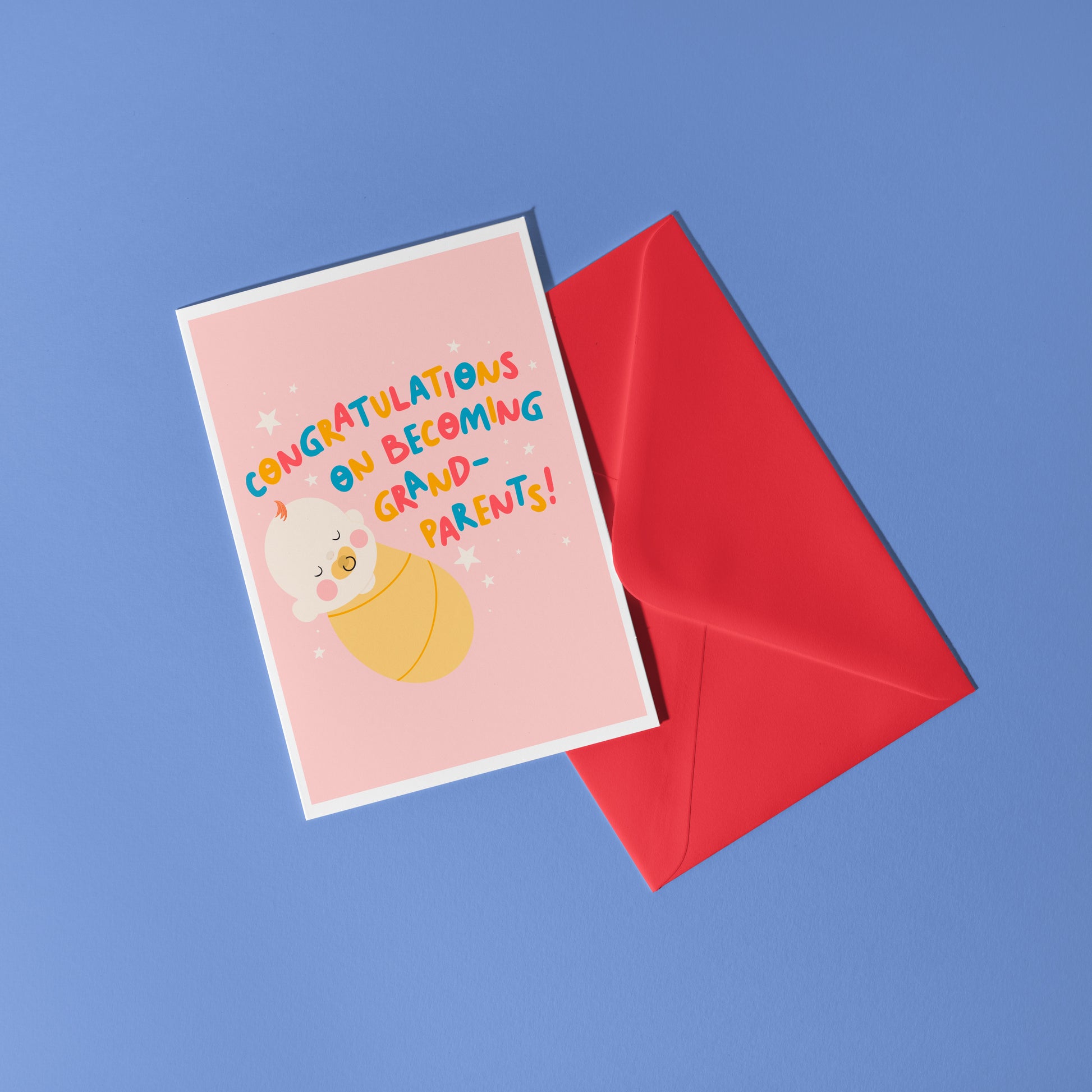 A card for congratulating new grandparents on the arrival of their new grandchild, with an illustration of a baby and colourful text.