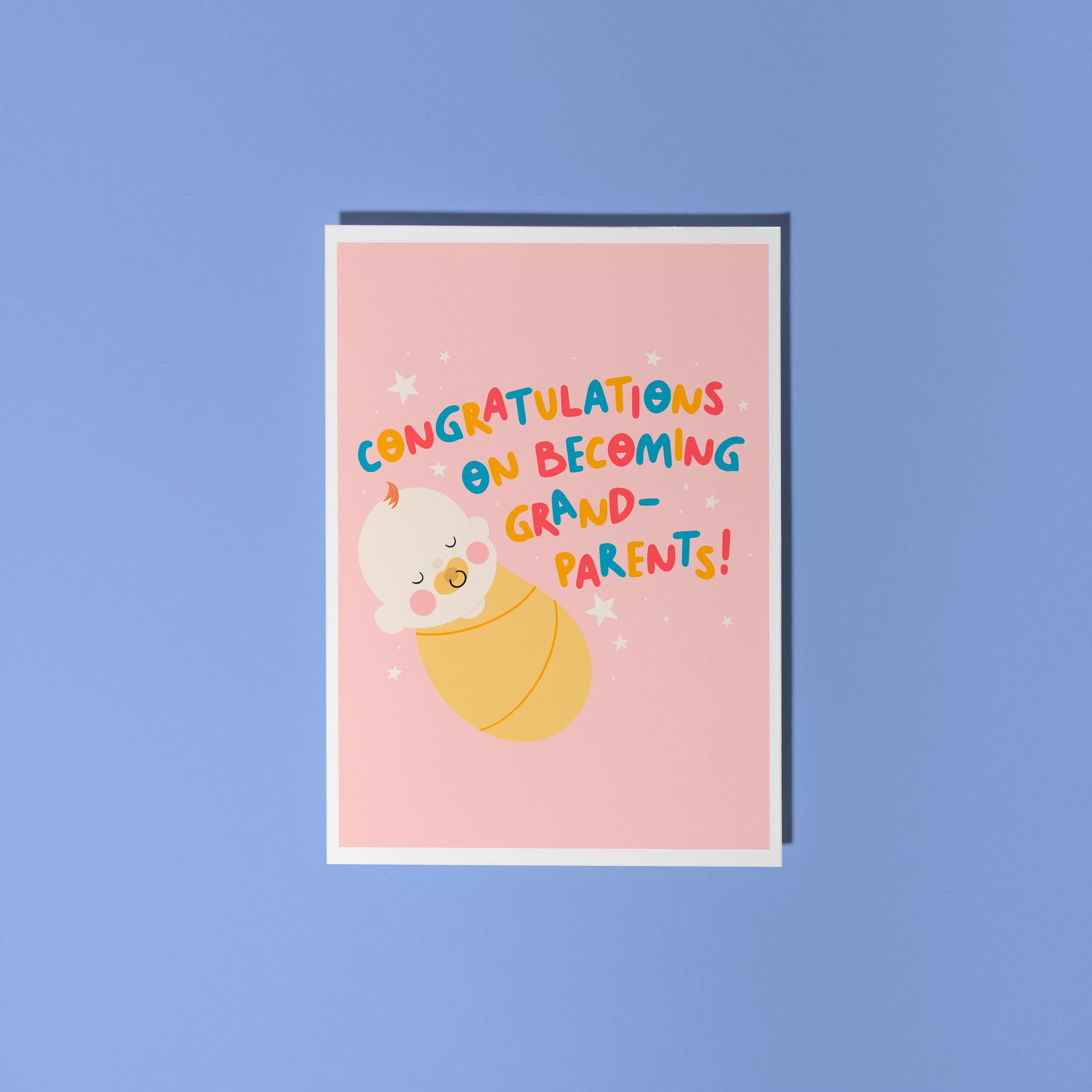A card for congratulating new grandparents on the arrival of their new grandchild, with an illustration of a baby and colourful text.