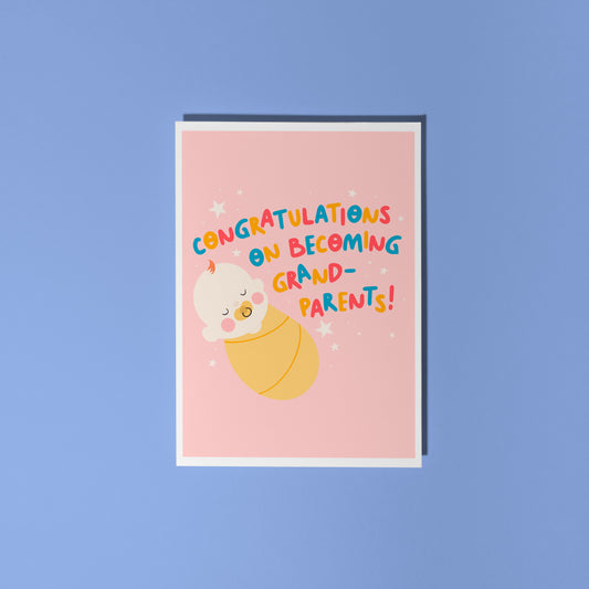 A card for congratulating new grandparents on the arrival of their new grandchild, with an illustration of a baby and colourful text.