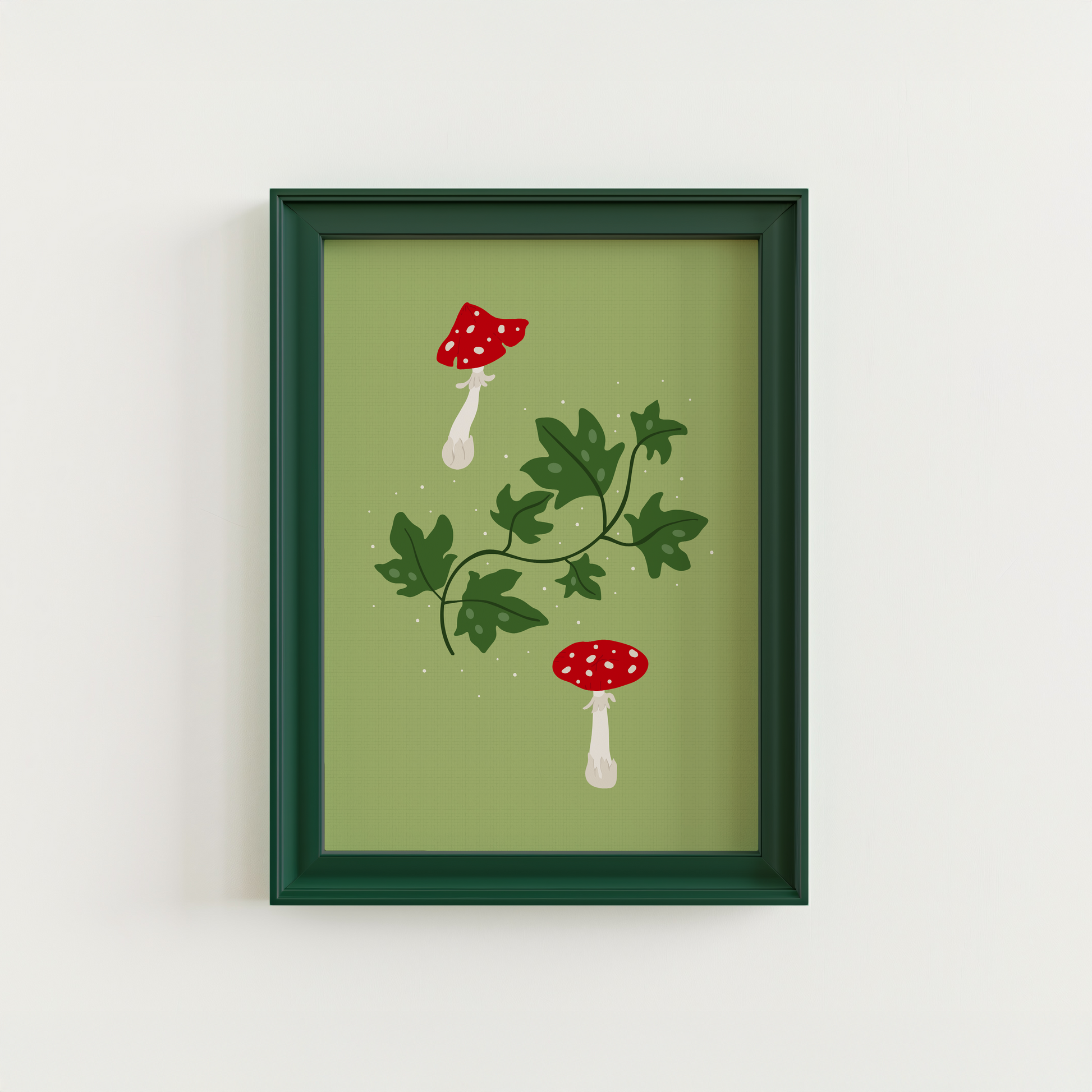 An illustration of two toadstool mushrooms and some ivy, on a green background.