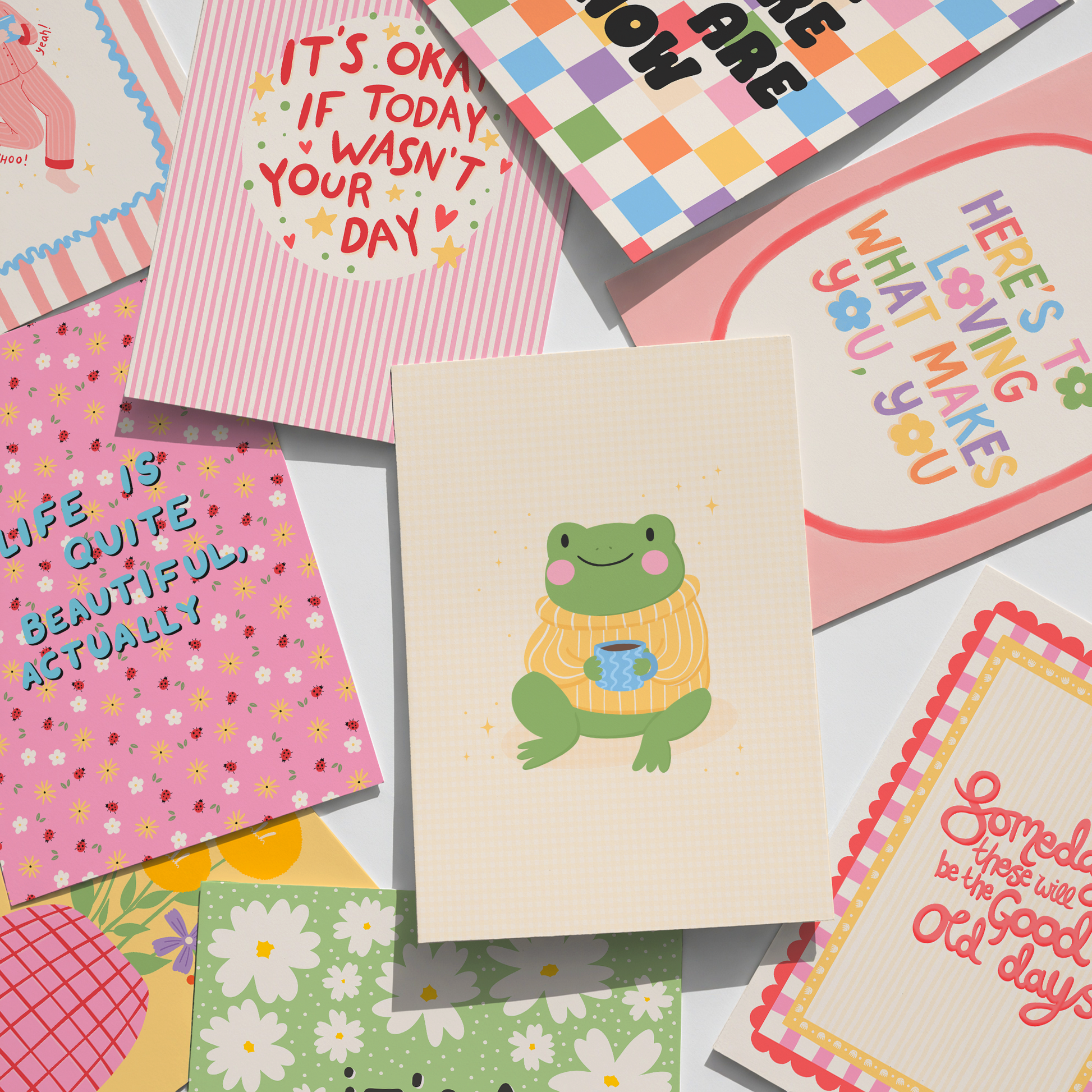 Collection of colourful prints with various designs and messages.