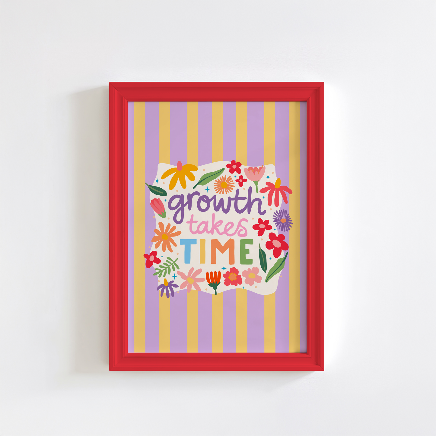 A lilac and yellow striped print, with a white wavy square in the centre that has floral illustrations and a positivity quote in the centre - that reads 'growth takes time'.