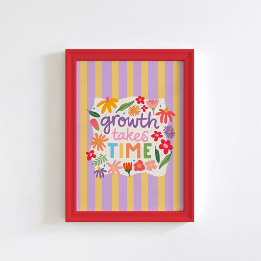 A lilac and yellow striped print, with a white wavy square in the centre that has floral illustrations and a positivity quote in the centre - that reads 'growth takes time'.
