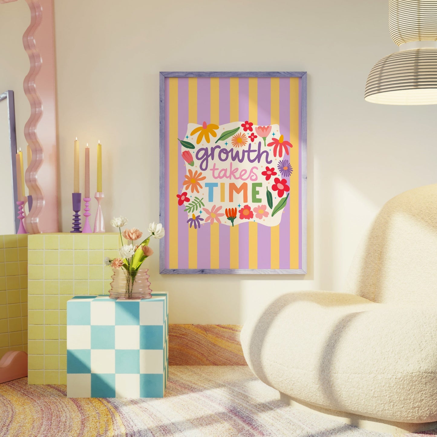 A lilac and yellow striped print, with a white wavy square in the centre that has floral illustrations and a positivity quote in the centre - that reads 'growth takes time'.