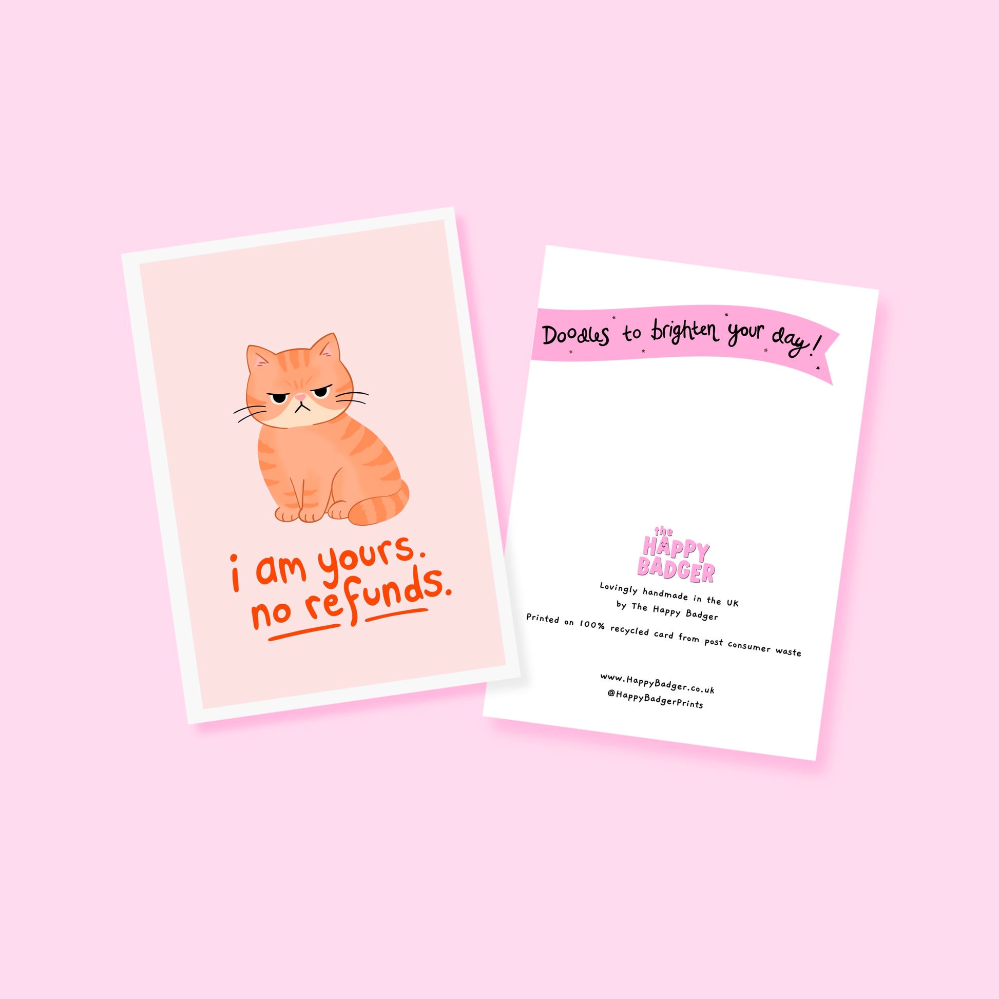 An illustrated card with a drawing of a grumpy orange cat, and words underneath that read 'I am yours, no refunds.'