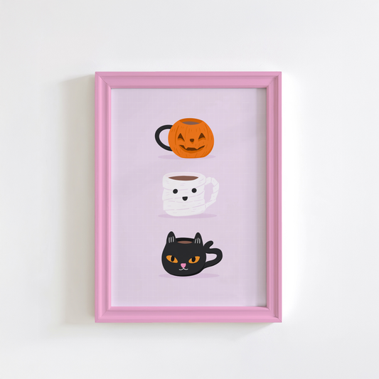 A halloween themed print, featuring three mugs - a pumpkin mug, a mummy mug and a black cat mug.