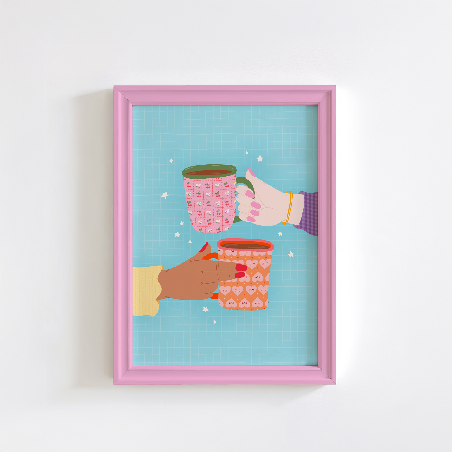 An illustrated print of two hands holding a colourful patterned mug each. The print has a blue background with little star illustrations.