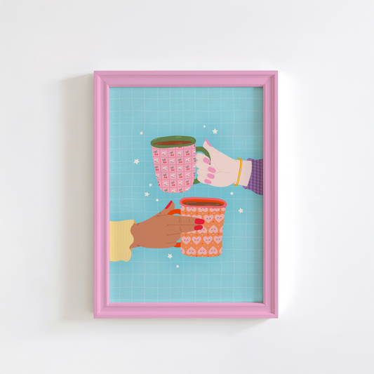 An illustrated print of two hands holding a colourful patterned mug each. The print has a blue background with little star illustrations.