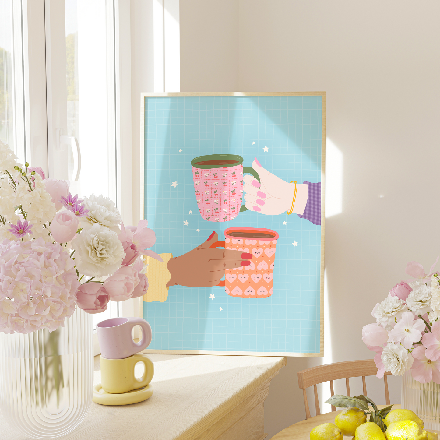 An illustrated print of two hands holding a colourful patterned mug each. The print has a blue background with little star illustrations.