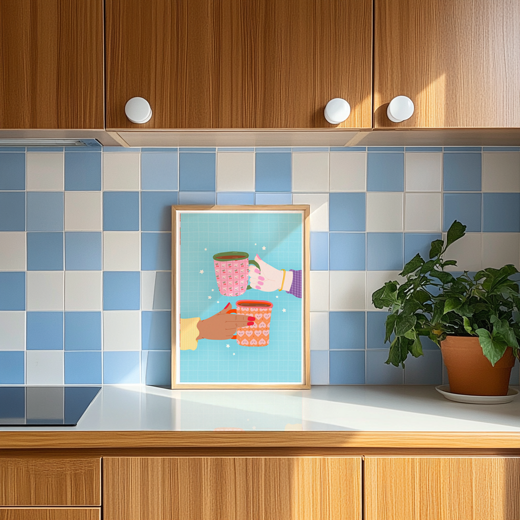 An illustrated print of two hands holding a colourful patterned mug each. The print has a blue background with little star illustrations.
