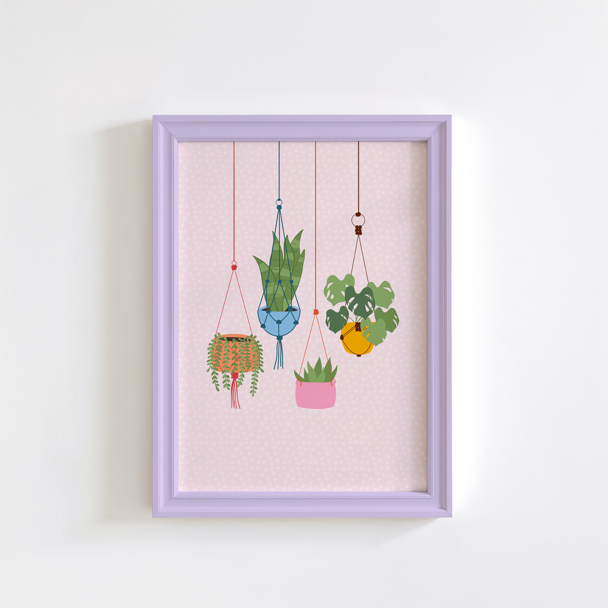 An illustration print featuring four different plats hanging from the top of the print in colourful baskets.