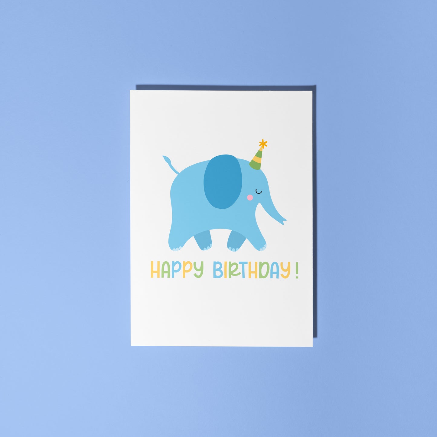 Birthday card with a blue elephant and 'Happy Birthday!' text on a white background