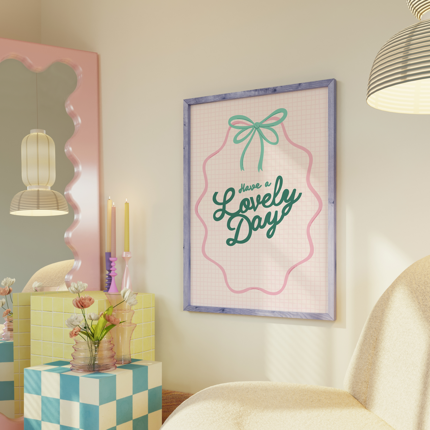 A print with a soft pink check background, and the words 'Have a lovely day' in teal handwriting in the centre. The words are framed by a pink ribbon with a teal bow at the top.