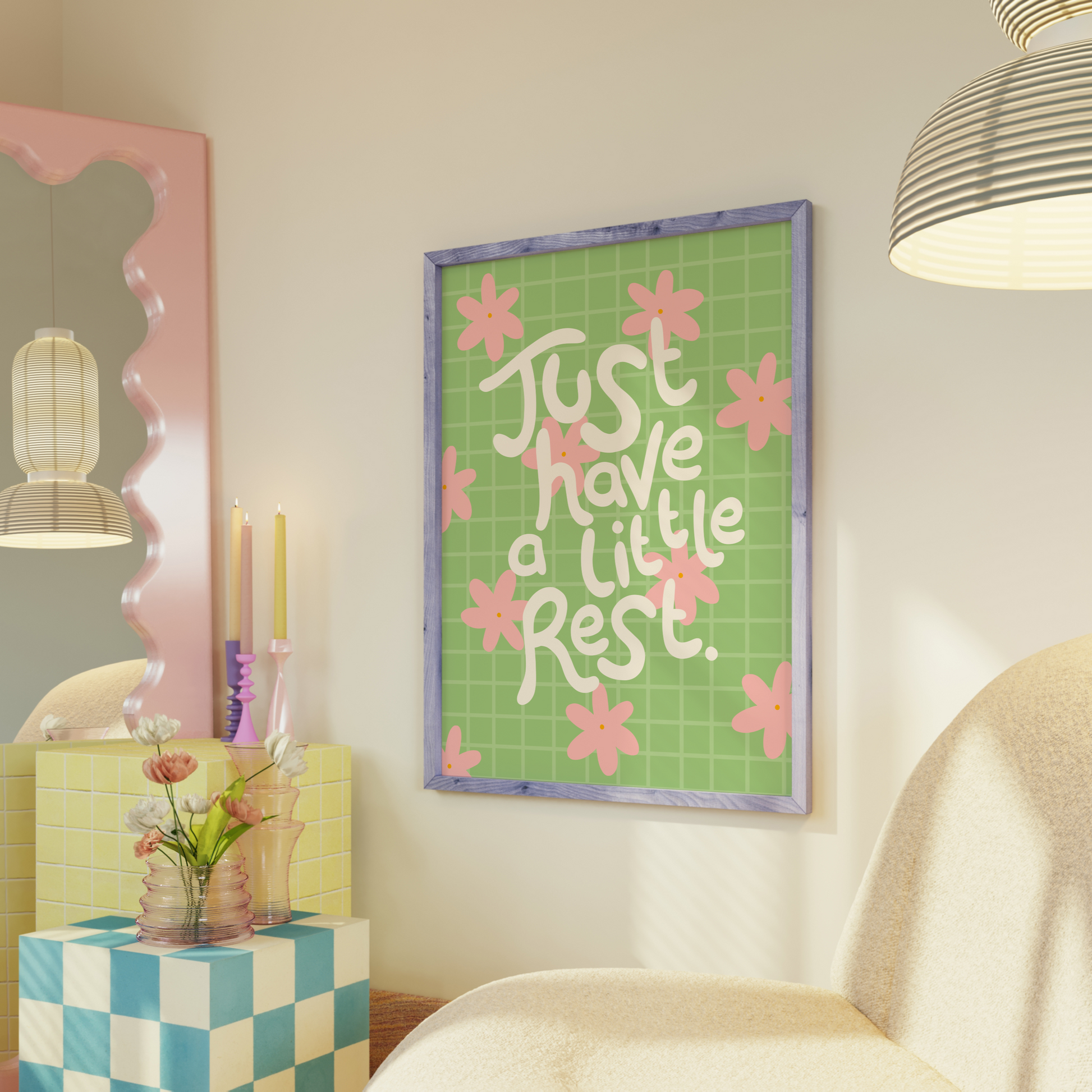 Decorative room with a green poster, checkered table, and floral arrangement.