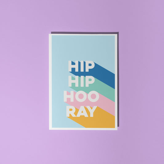 Colourful card with 'HIP HIP HOORAY' text on a purple background