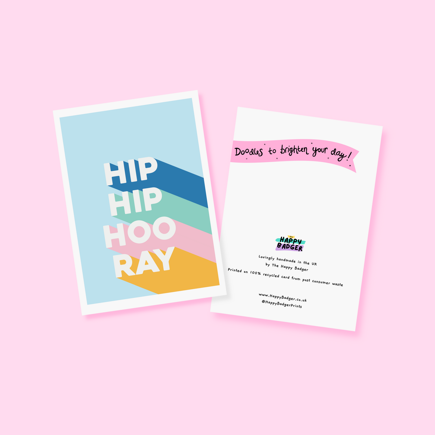 A congratulations card, saying Hip Hip Hooray in blue, green, pink and yellow.