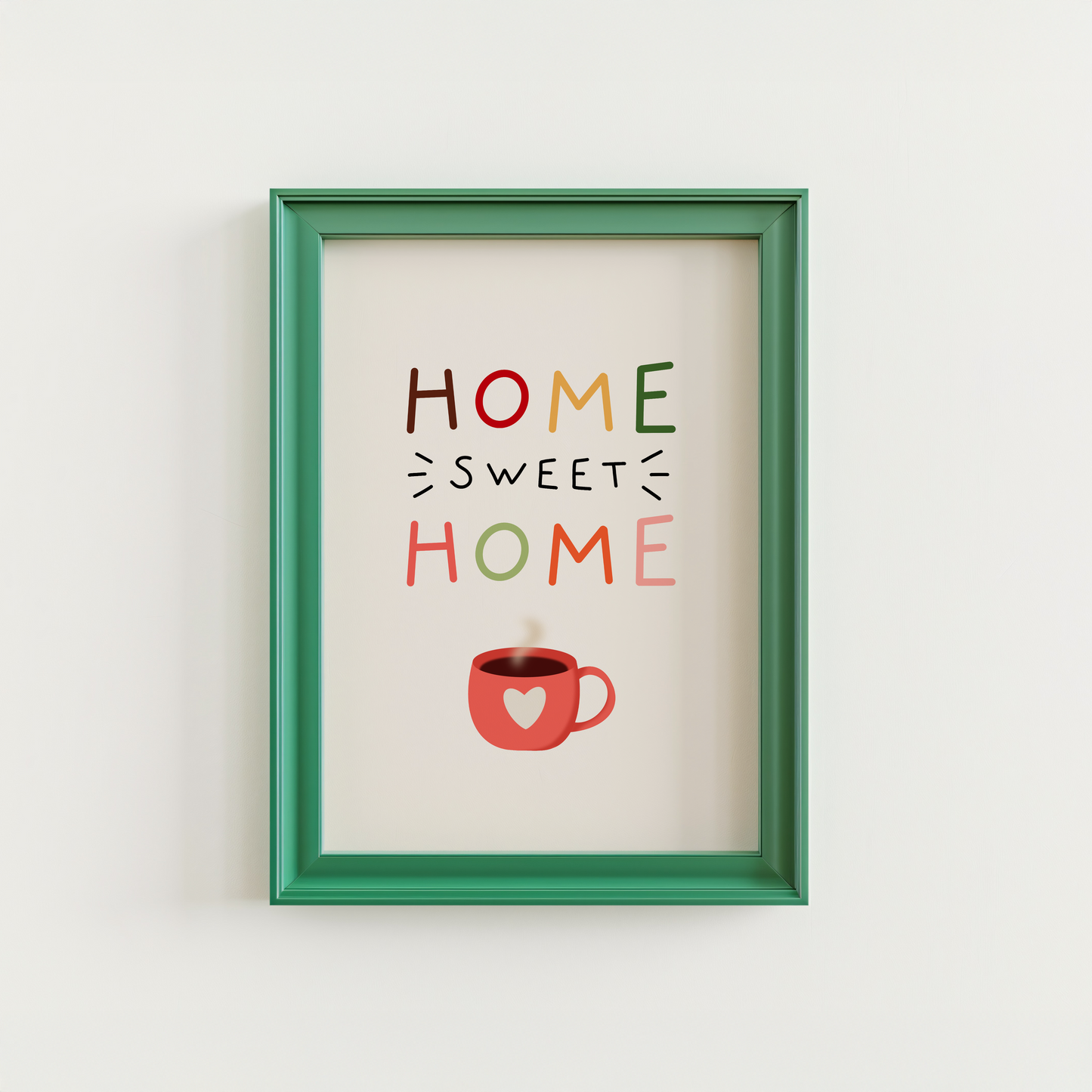 A warm toned print, with the words 'home sweet home' in autumnal colours with a mug illustration at the bottom.