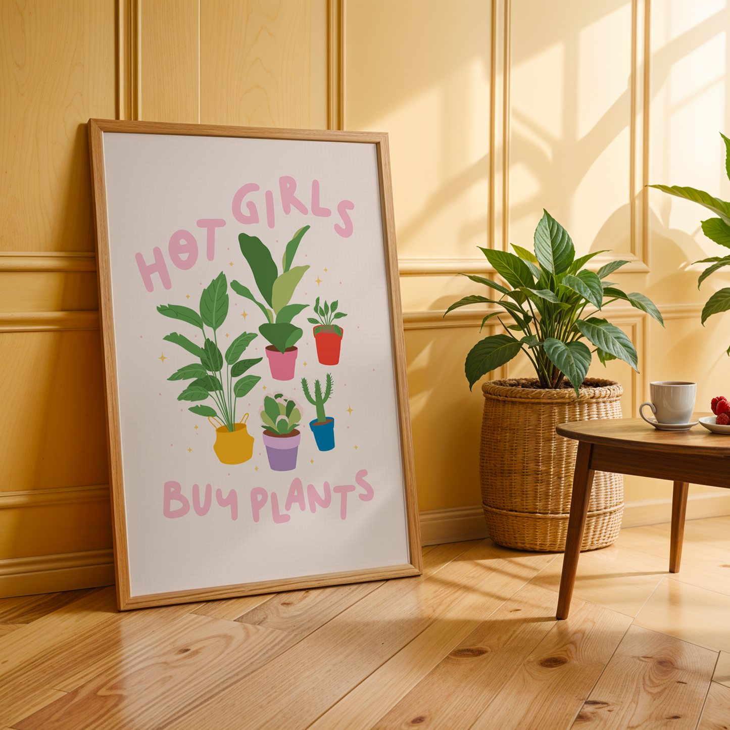 Four illustrations of potted house plants, surrounded by the words hot girls buy plants in pink text.